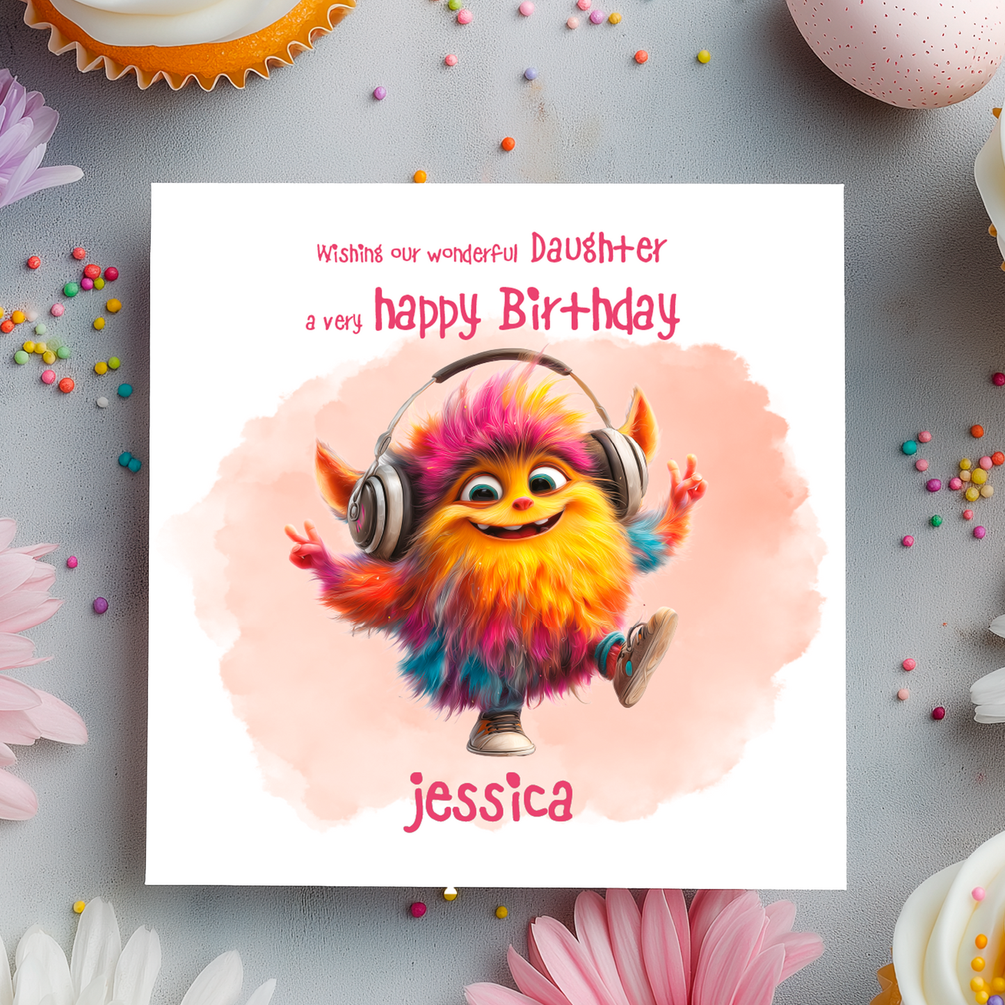 Colorful  Monster cartoon character with headphones on a birthday card with birthday message that is personalised for name and relation