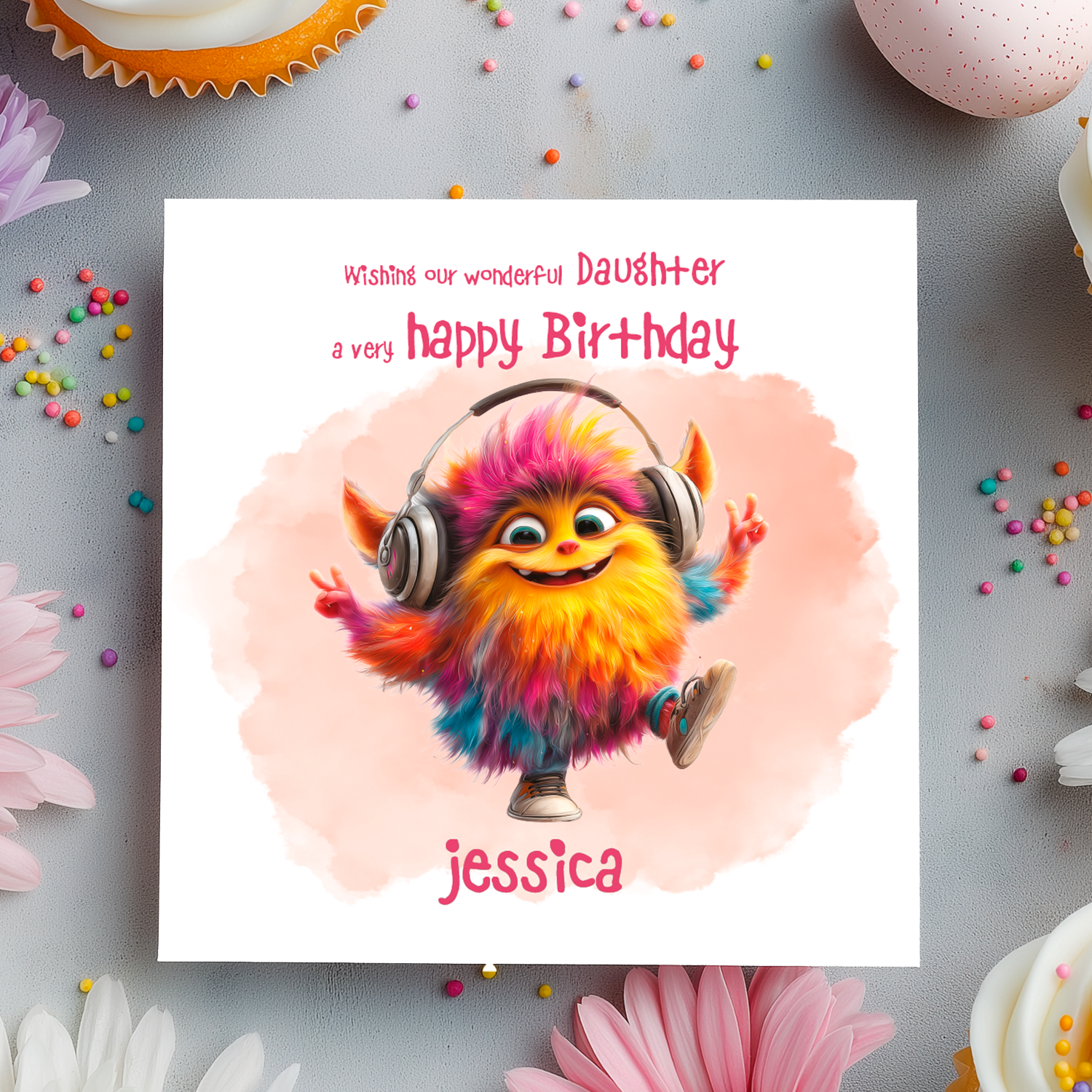 Colorful  Monster cartoon character with headphones on a birthday card with birthday message that is personalised for name and relation