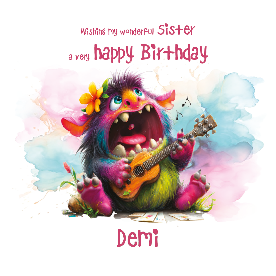 Colorful monster playing guitar with  personalised birthday wishes on a white background