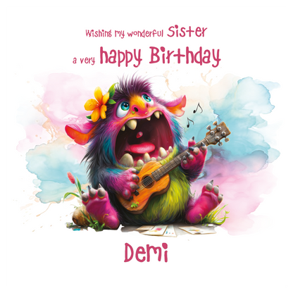 Colorful monster playing guitar with  personalised birthday wishes on a white background