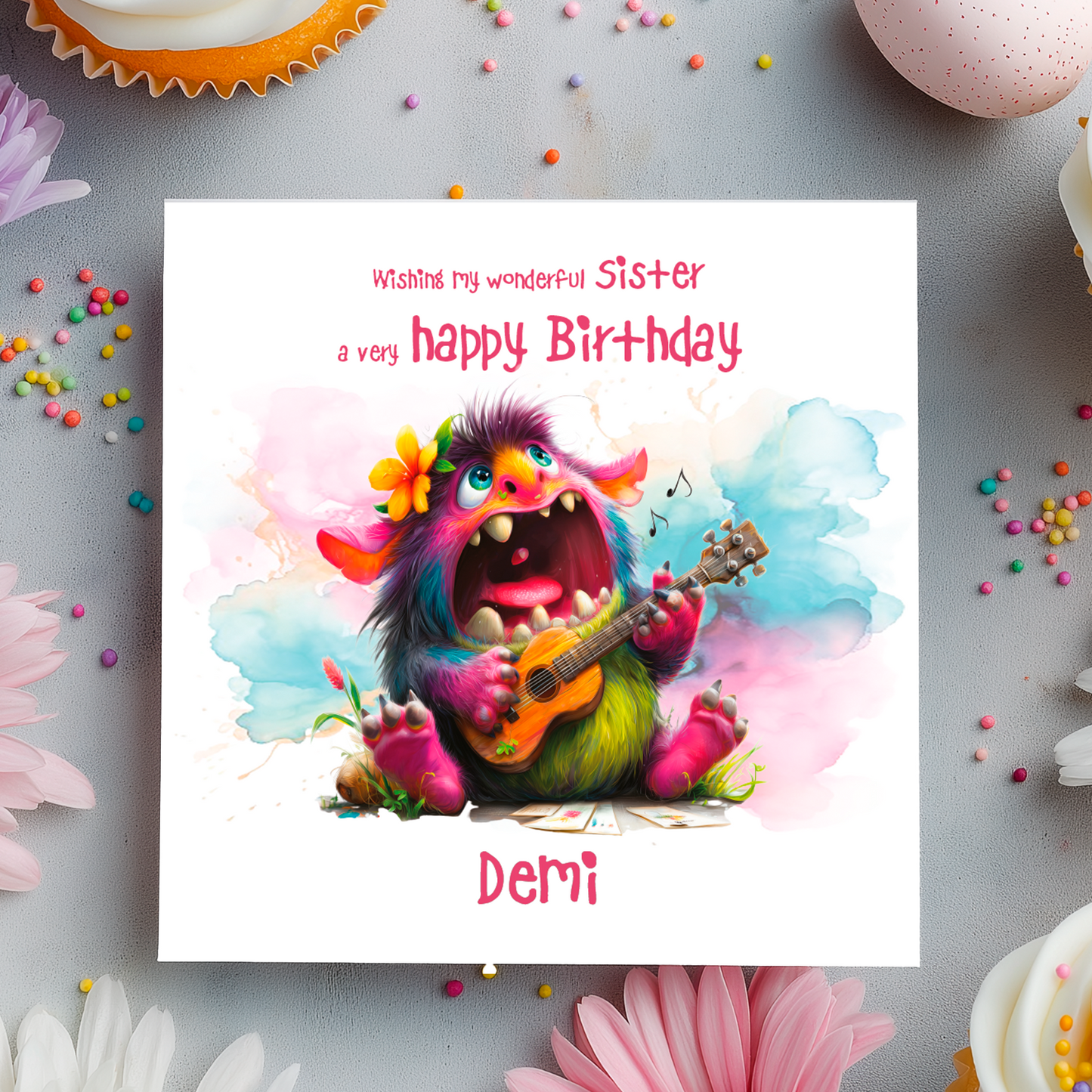 Colorful birthday card with a cartoon monster playing a guitar, surrounded by flowers and sprinkles on a gray background.