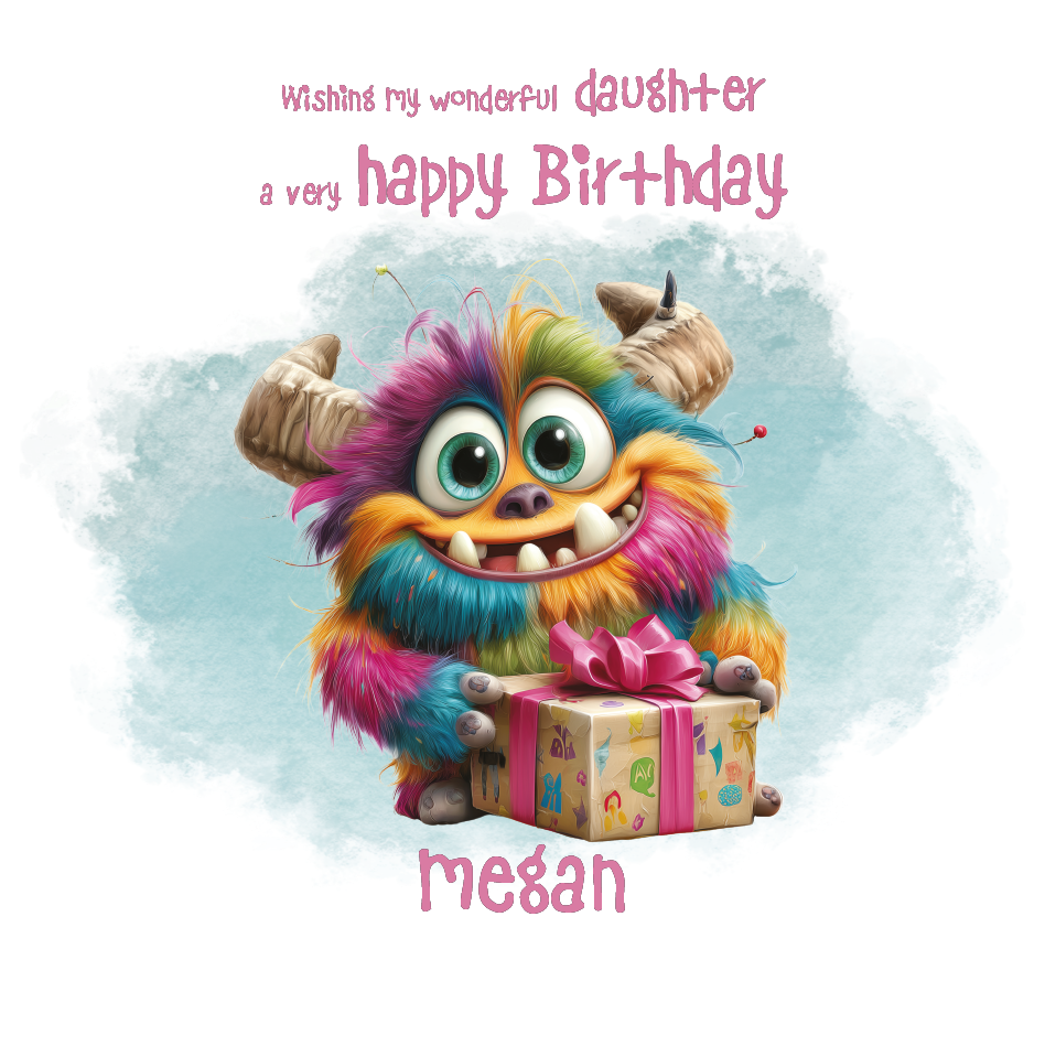 Colorful monster holding a gift with personalised birthday message on a light blue background