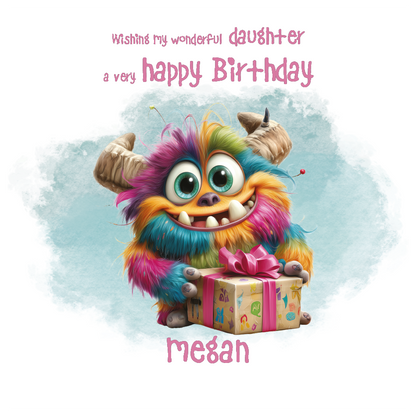 Colorful monster holding a gift with personalised birthday message on a light blue background