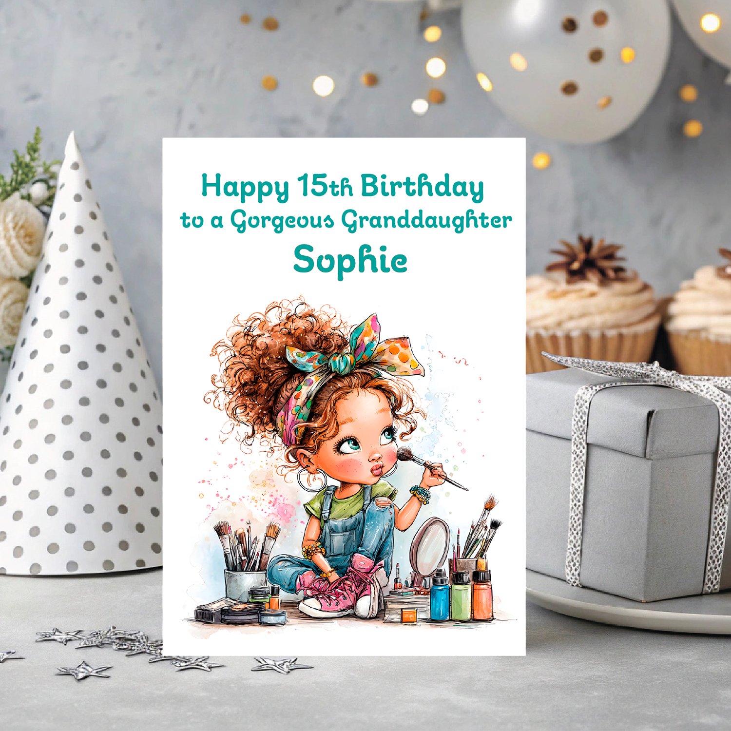 Birthday card with illustration of a girl with curly hair and makeup supplies, text 'Happy 15th Birthday to a Gorgeous Granddaughter Sophie'. personalised with age relation and name.