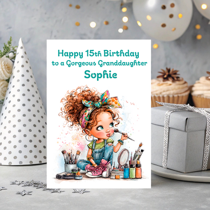 Birthday card with illustration of a girl with curly hair and makeup supplies, text 'Happy 15th Birthday to a Gorgeous Granddaughter Sophie'. personalised with age relation and name.