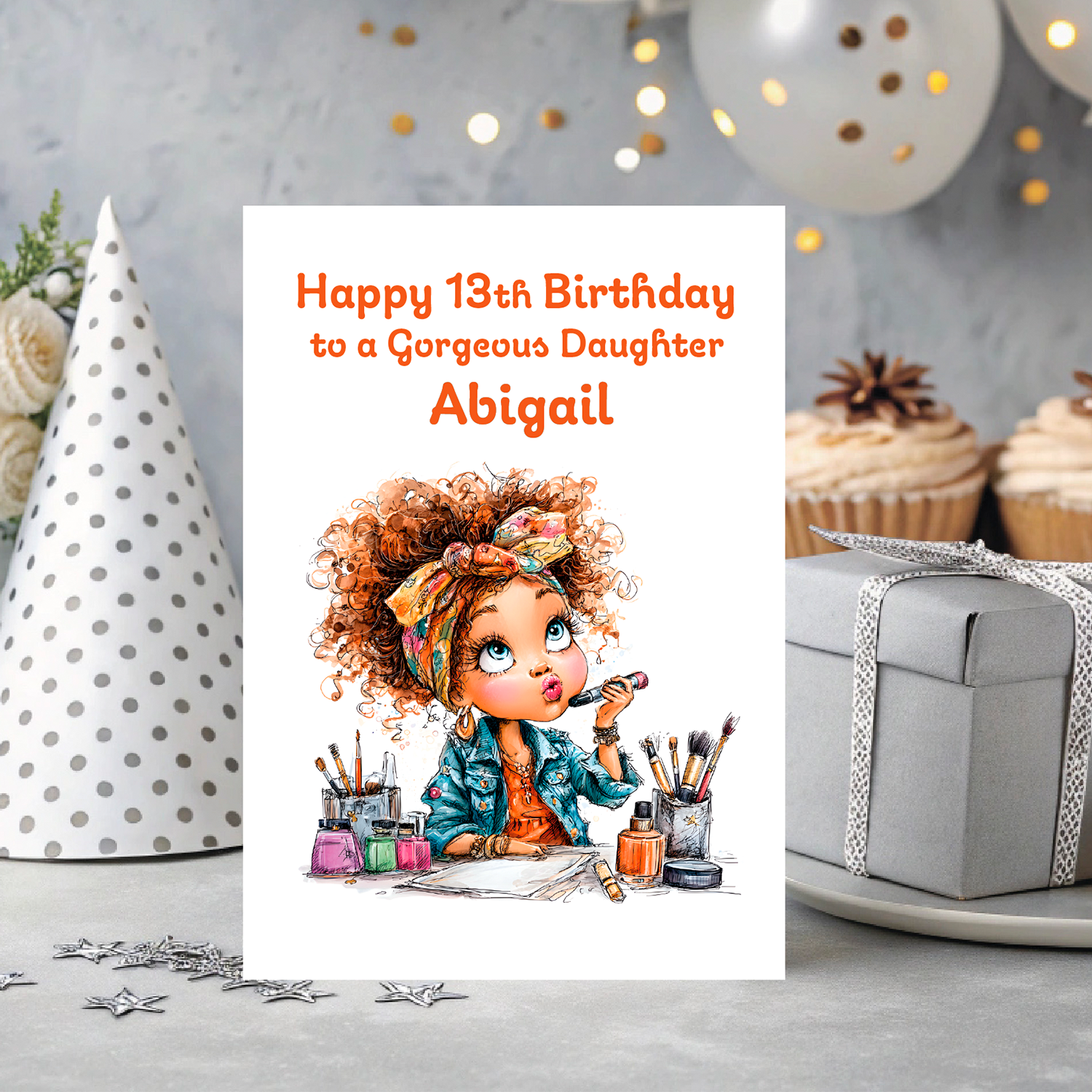Birthday card with illustration of a girl with curly hair and makeup supplies, text 'Happy 13th Birthday to a Gorgeous Daughter Abigail'. personalised with age relation and name.