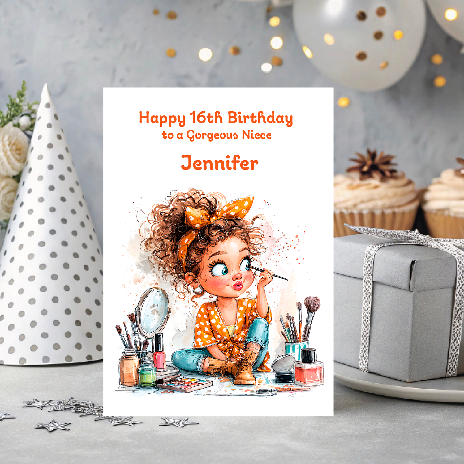 Birthday card with illustration of a girl applying makeup, surrounded by festive decorations.
