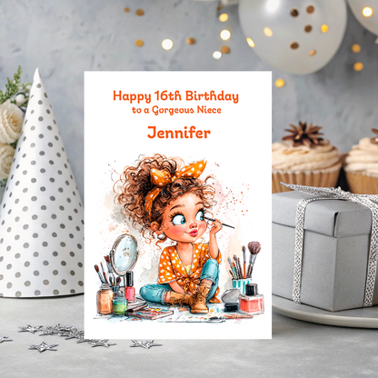 Birthday card with illustration of a girl applying makeup, surrounded by festive decorations.
