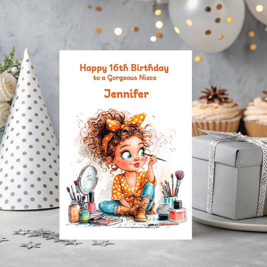Birthday card with illustration of a girl applying makeup, surrounded by festive decorations.