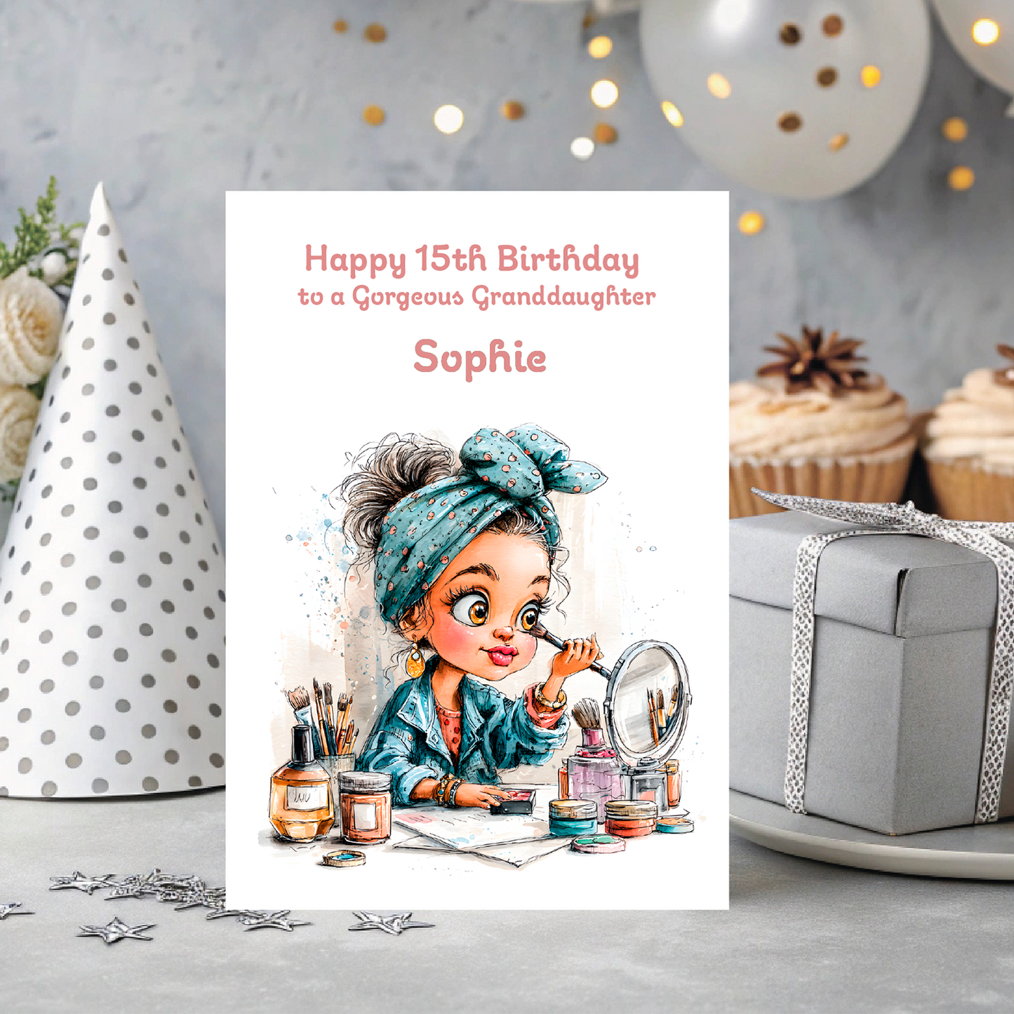 Birthday card with illustration of a girl applying makeup, surrounded by decorative items like balloons and a cake.
