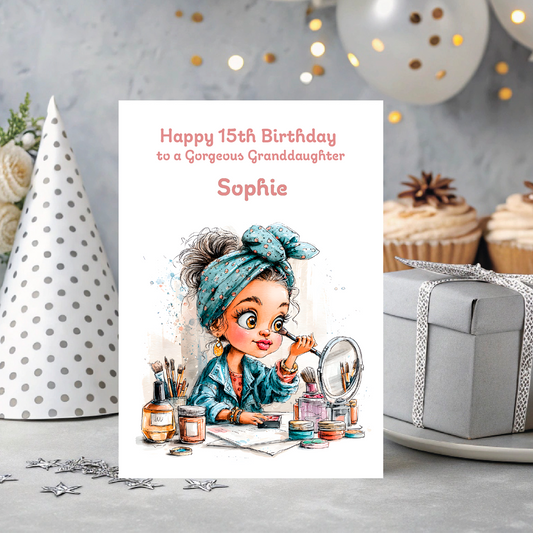 Birthday card with illustration of a girl applying makeup, surrounded by decorative items like balloons and a cake.