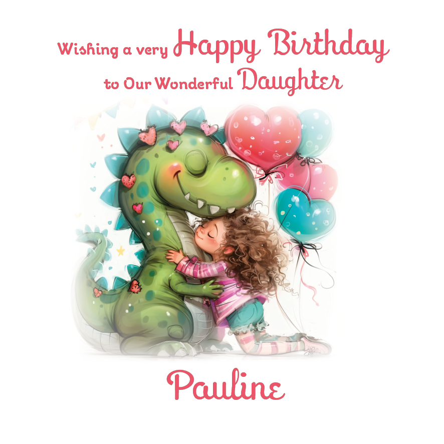 Birthday card with a green dinosaur hugging a girl, balloons, and text 'Wishing a very Happy Birthday to Our Wonderful Daughter Pauline' on a white background. personalised with name, age and relation.