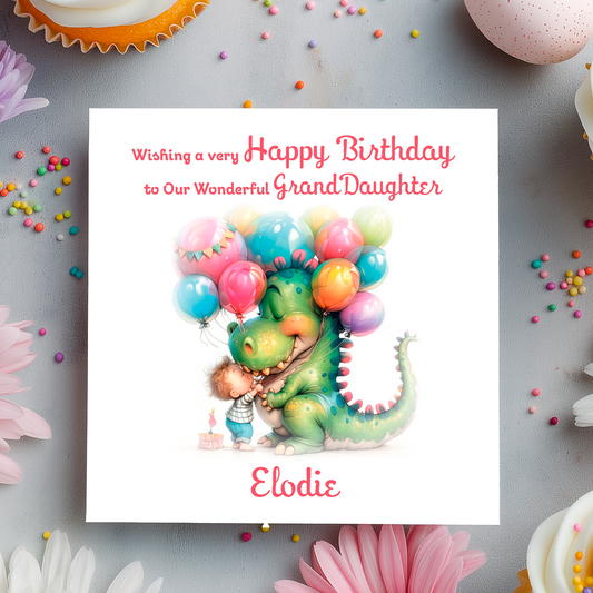 Birthday card with a dinosaur and child illustration, surrounded by colorful balloons and flowers on a gray background.