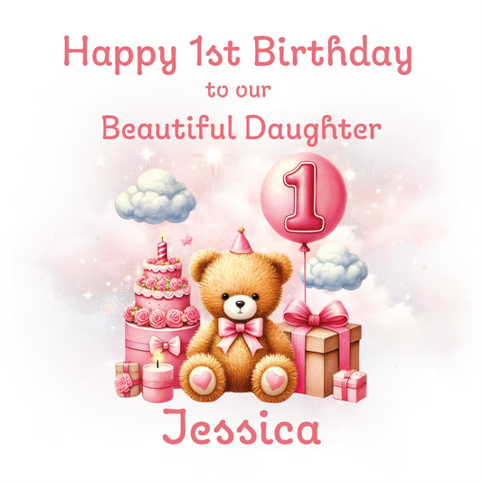 Happy 1st Birthday card with teddy bear, cake, and balloons on a light pink background. Personalised with  name and relation