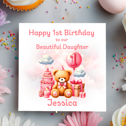 Happy 1st Birthday card with teddy bear, cake, and balloons on a light pink background. Personalised with  name and relation