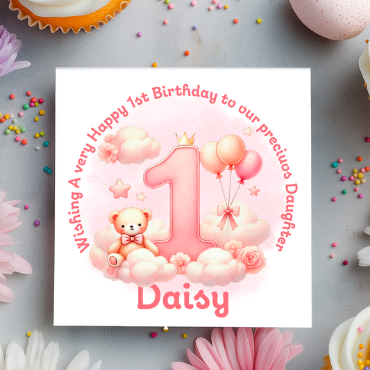 Happy 1st birthday card with a teddy bear, balloons, and the number 1 on a pink background. personalised with name and relation.