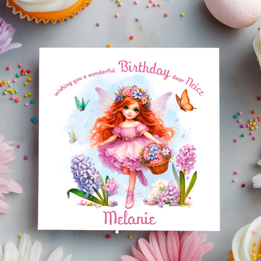  Purple Fairy character with flowers and butterflies on a birthday card  with personalised name and relation birthday wishes