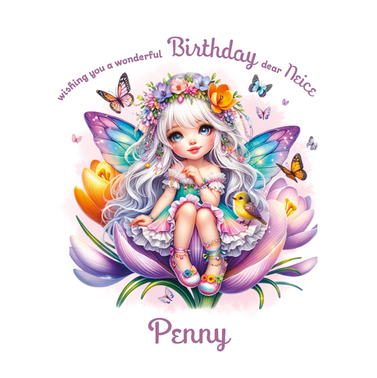 Multi colour Fairy character with flowers and butterflies on a birthday card  with personalised name and relation birthday wishes
