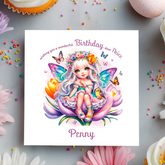  Multi colour Fairy character with flowers and butterflies on a birthday card  with personalised name and relation birthday wishes