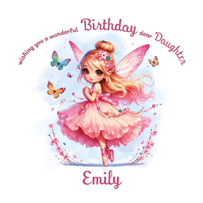 Pink Fairy character with flowers and butterflies on a birthday card  with personalised name and relation birthday wishes