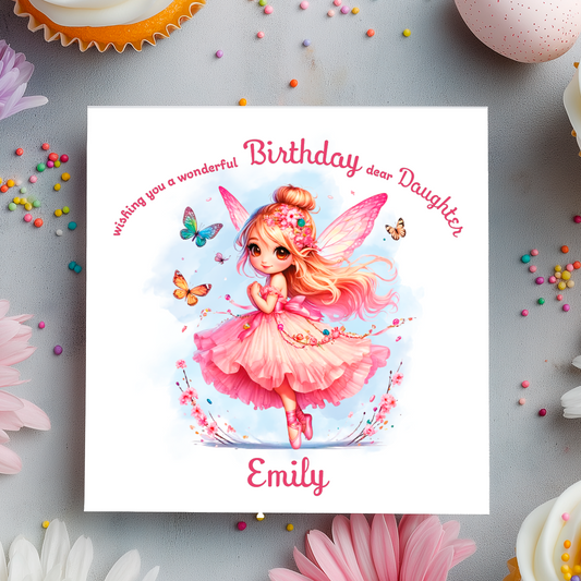 Pink Fairy character with flowers and butterflies on a birthday card  with personalised name and relation birthday wishes