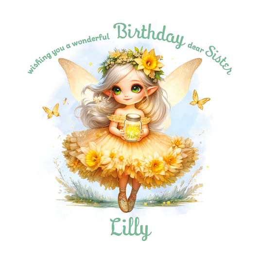 Yellow Fairy character with flowers and butterflies on a birthday card  with personalised name and relation birthday wishes