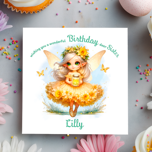 Yellow Fairy character with flowers and butterflies on a birthday card  with personalised name and relation birthday wishes