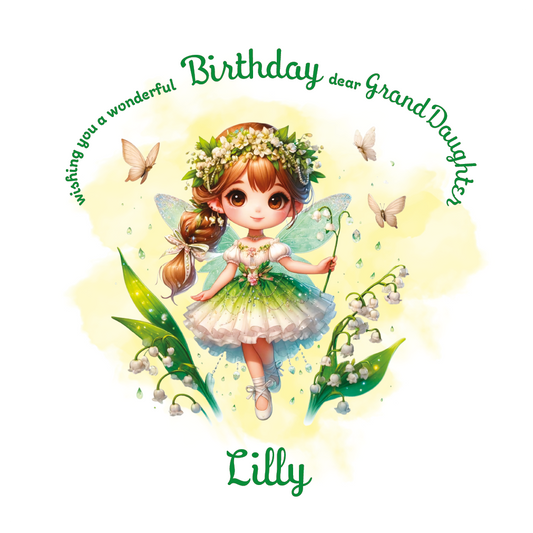 Green Fairy character with flowers and butterflies on a birthday card  with personalised name and relation birthday wishes
