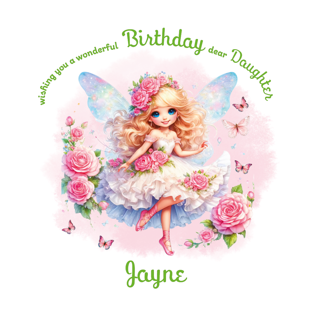 White Fairy character with flowers and butterflies on a birthday card  with personalised name and relation birthday wishes