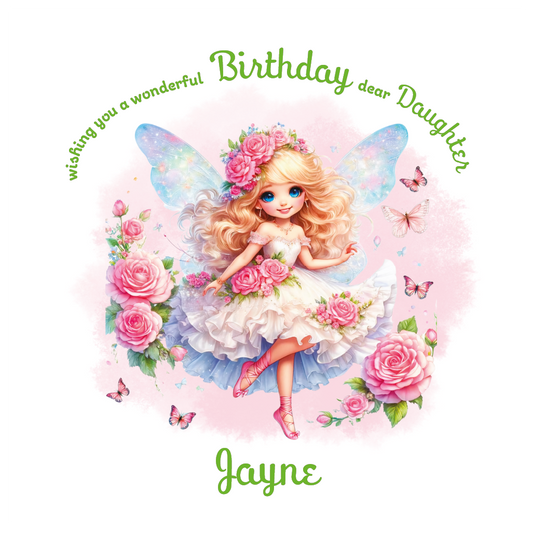 White Fairy character with flowers and butterflies on a birthday card  with personalised name and relation birthday wishes