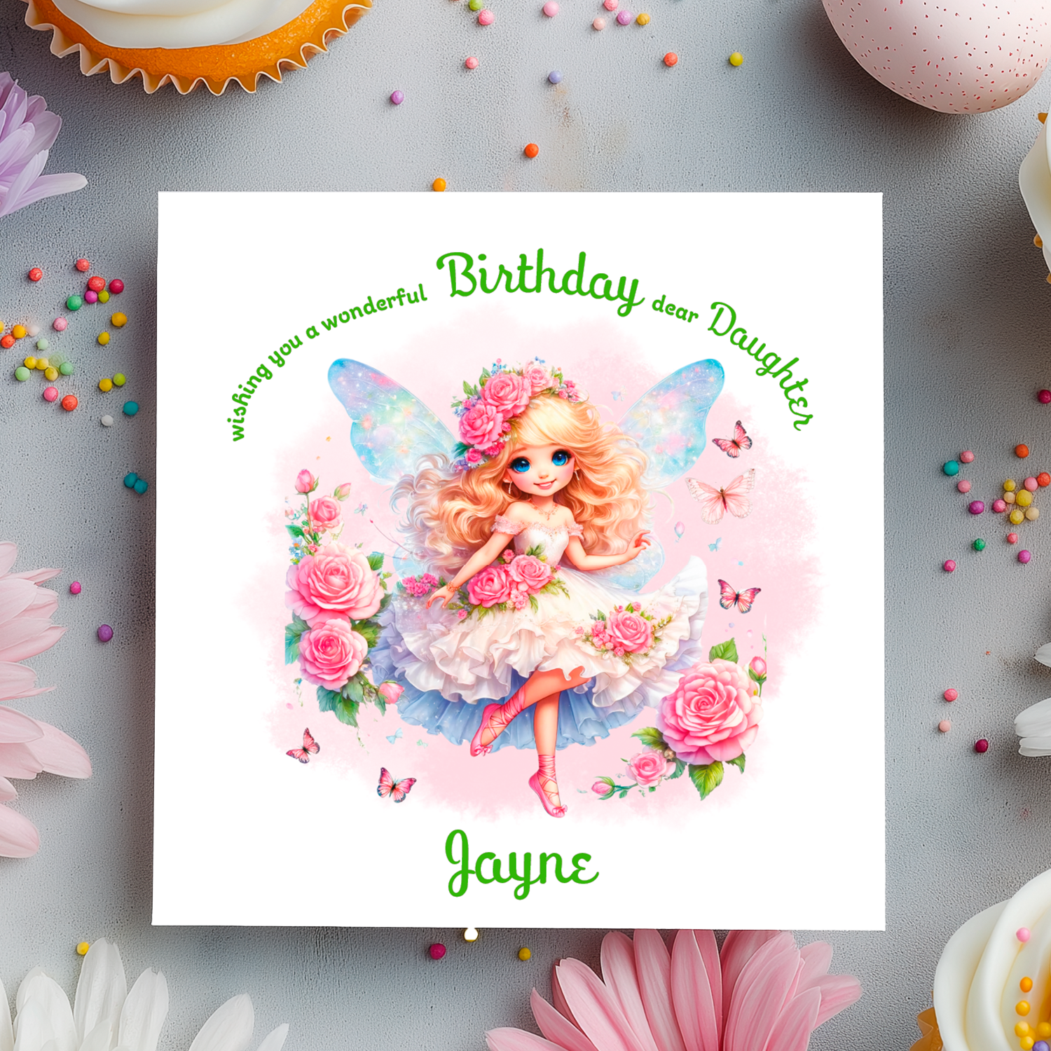 White Fairy character with flowers and butterflies on a birthday card  with personalised name and relation birthday wishes