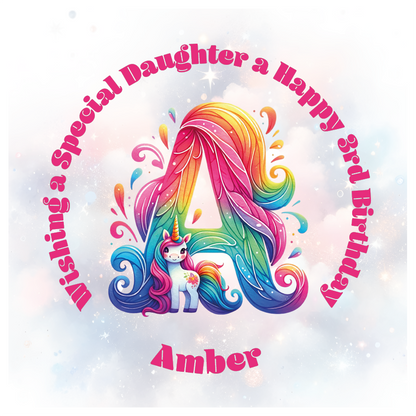 Colorful birthday card with unicorn and letter 'A' for a special birthday. personalised with name age and relation.