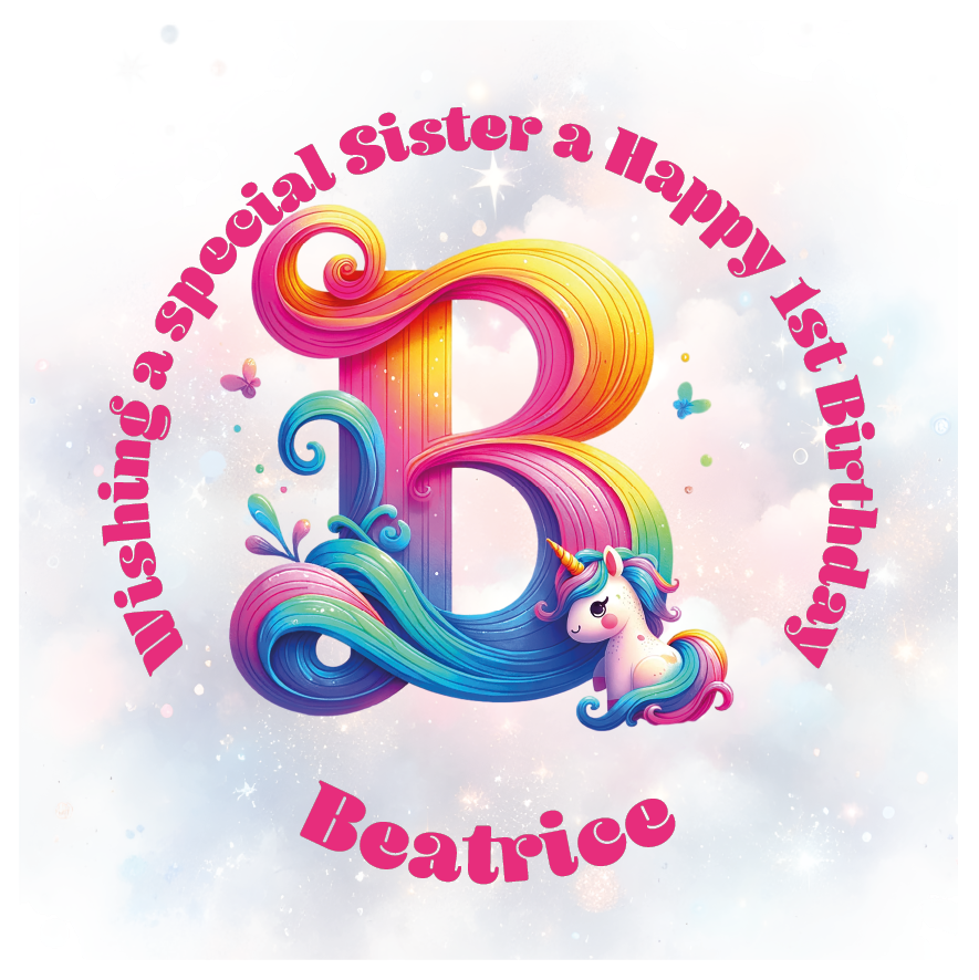 Colorful birthday card with unicorn and letter 'B' for a special birthday. personalised with name age and relation.