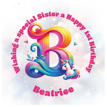 Colorful birthday card with unicorn and letter 'B' for a special birthday. personalised with name age and relation.
