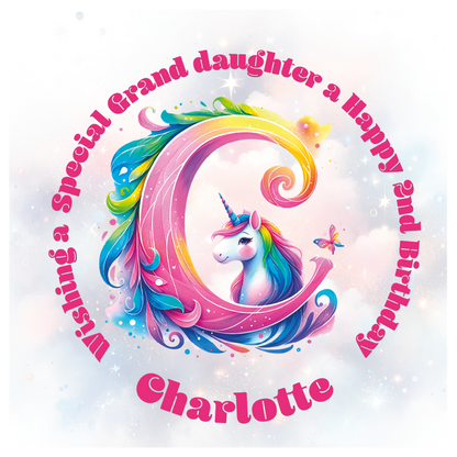 Colorful birthday card with unicorn and letter 'C' for a special birthday. personalised with name age and relation.