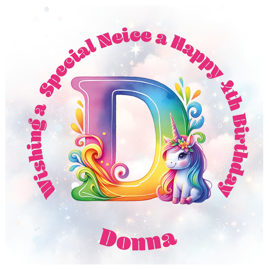 Colorful birthday card with unicorn and letter 'D' for a special birthday. personalised with name age and relation.