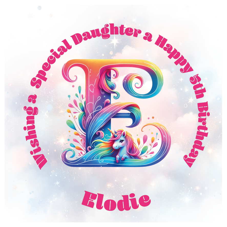 Colorful birthday card with unicorn and letter 'E' for a special birthday. personalised with name age and relation.