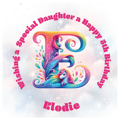Colorful birthday card with unicorn and letter 'E' for a special birthday. personalised with name age and relation.