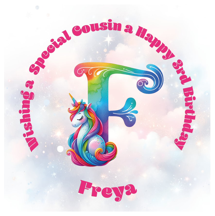 Colorful birthday card with unicorn and letter 'F' for a special birthday. personalised with name age and relation.