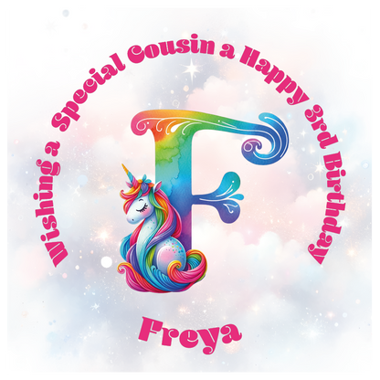 Colorful birthday card with unicorn and letter 'F' for a special birthday. personalised with name age and relation.