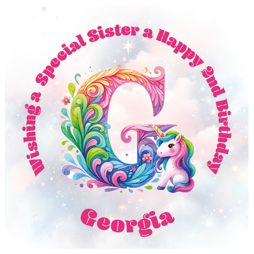 Colorful birthday card with unicorn and letter 'G' for a special birthday. personalised with name age and relation.