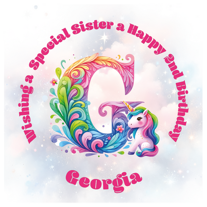 Colorful birthday card with unicorn and letter 'G' for a special birthday. personalised with name age and relation.