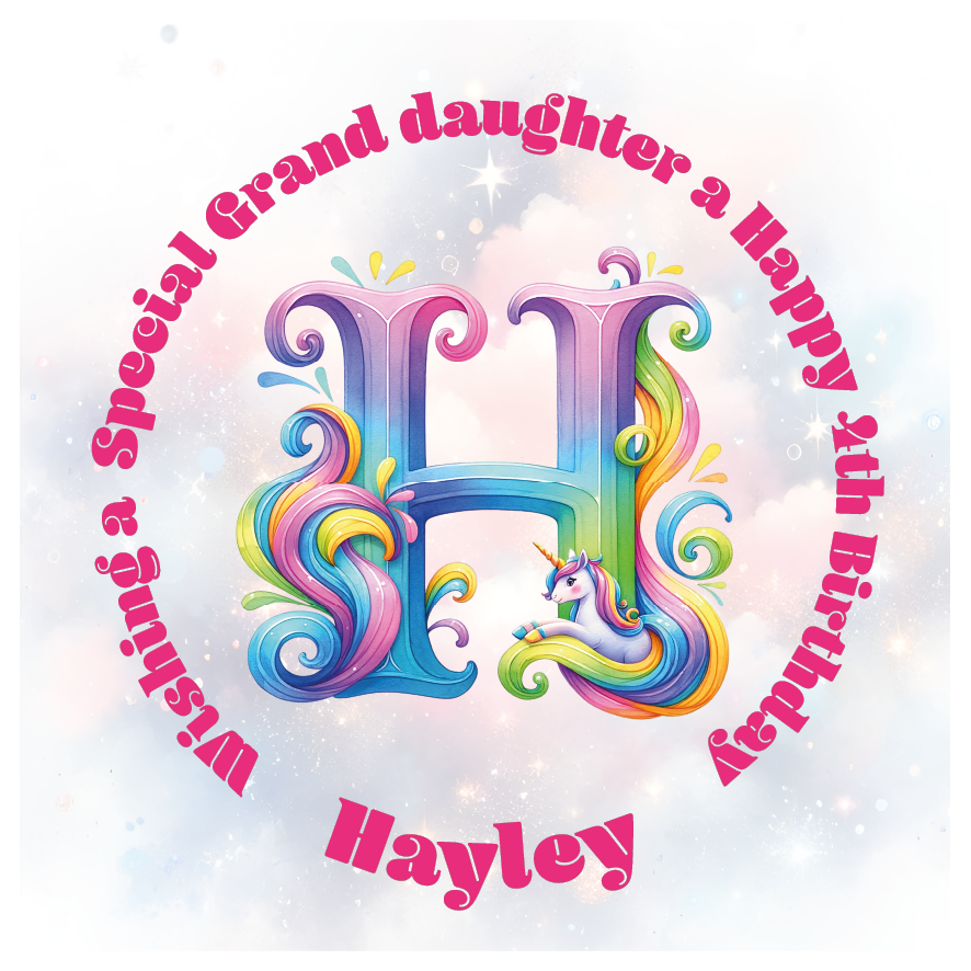 Colorful birthday card with unicorn and letter 'H' for a special birthday. personalised with name age and relation.
