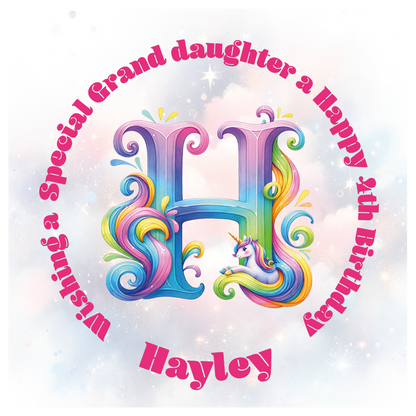 Colorful birthday card with unicorn and letter 'H' for a special birthday. personalised with name age and relation.