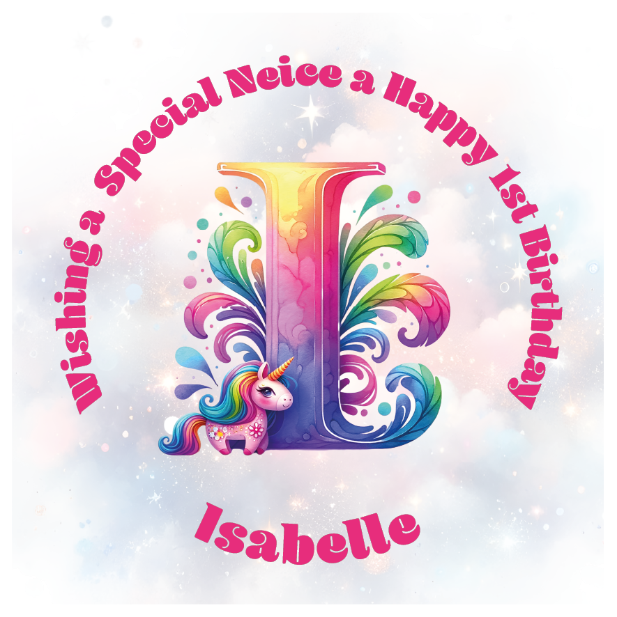 Colorful birthday card with unicorn and letter 'I' for a special birthday. personalised with name age and relation.