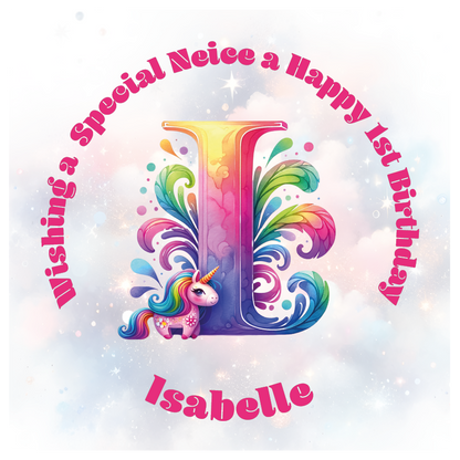 Colorful birthday card with unicorn and letter 'I' for a special birthday. personalised with name age and relation.
