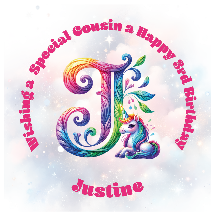 Colorful birthday card with unicorn and letter 'J' for a special birthday. personalised with name age and relation.