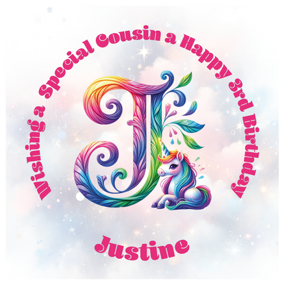 Colorful birthday card with unicorn and letter 'J' for a special birthday. personalised with name age and relation.