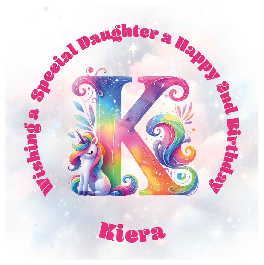 Colorful birthday card with unicorn and letter 'K' for a special birthday. personalised with name age and relation.
