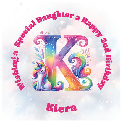 Colorful birthday card with unicorn and letter 'K' for a special birthday. personalised with name age and relation.